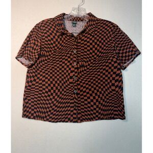 Wild Fable Orange Black Warped Checkerboard Short Sleeve Button Down Shirt Small
